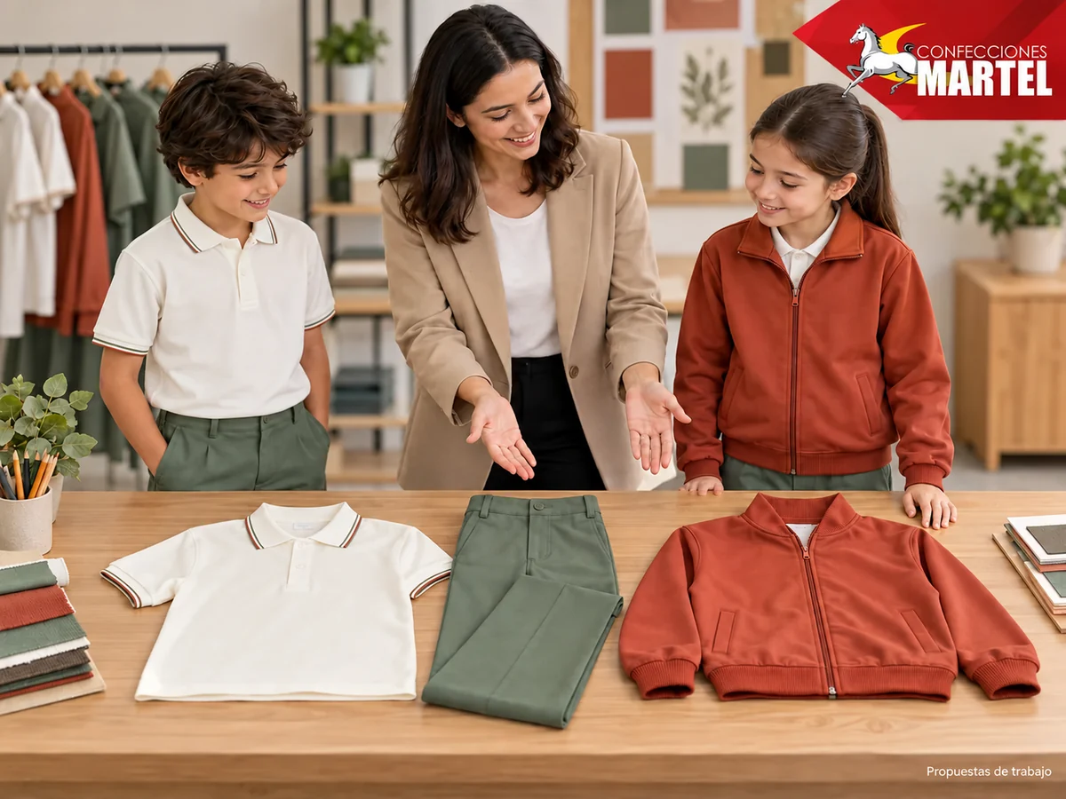 Adulto y niños revisan tres piezas separadas: polo marfil, pantalón salvia y casaca terracota. Propuesta referencial de propuesta de Confecciones Martel.