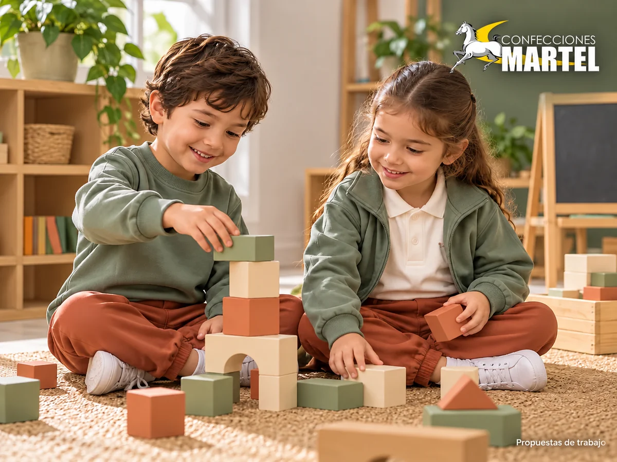 Niños juegan con bloques grandes usando prendas salvia, marfil y terracota. Propuesta referencial de propuesta de Confecciones Martel.