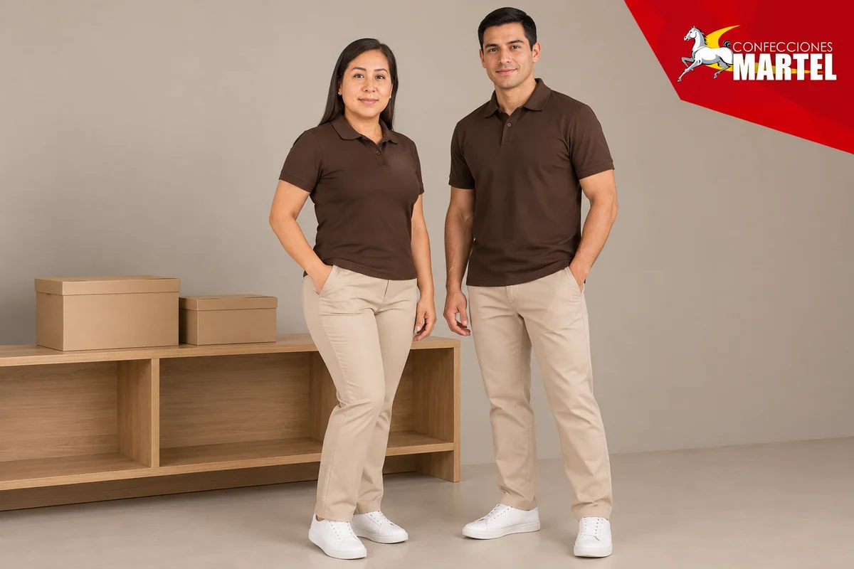 Polo chocolate y pantalón beige en dos modelos adultos