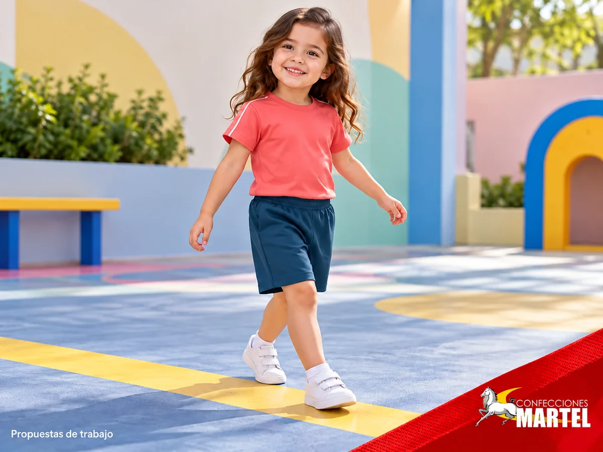 Niña ficticia caminando con polo coral de manga corta y short azul petróleo en un patio ilustrativo.