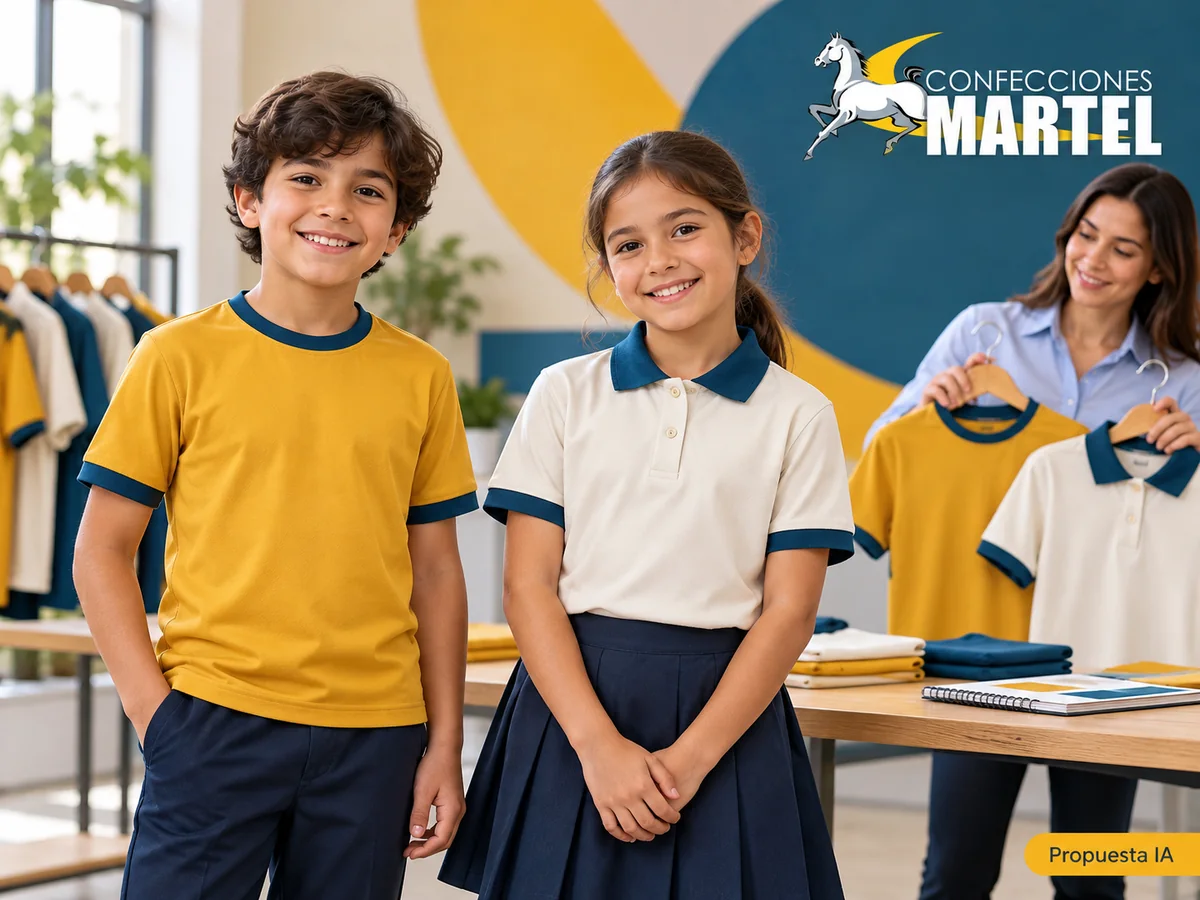 Propuesta ilustrativa Martel: dos escolares con polo cuello redondo y camisero, gráfica abstracta.