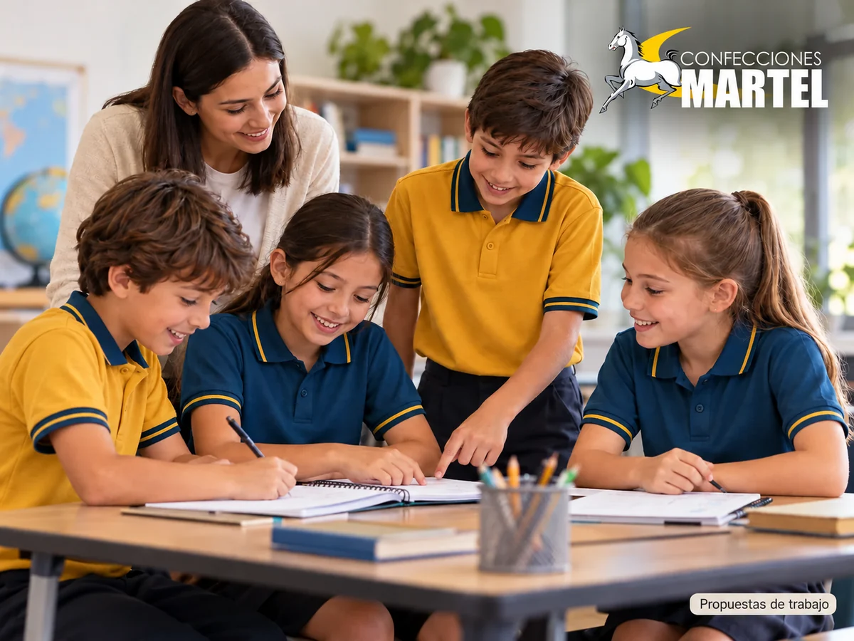 Propuesta ilustrativa Martel: escolares en actividad grupal tranquila usando dos modelos.