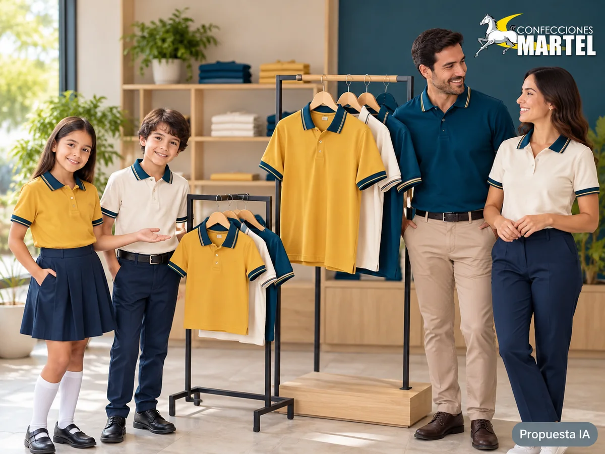 Propuesta ilustrativa Martel: polo infantil y adulto en percheros de tamaños distintos.