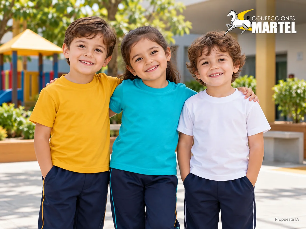 Propuesta de trabajo Martel: Tres niños ficticios con polos de cuello redondo mostaza, turquesa y blanco.