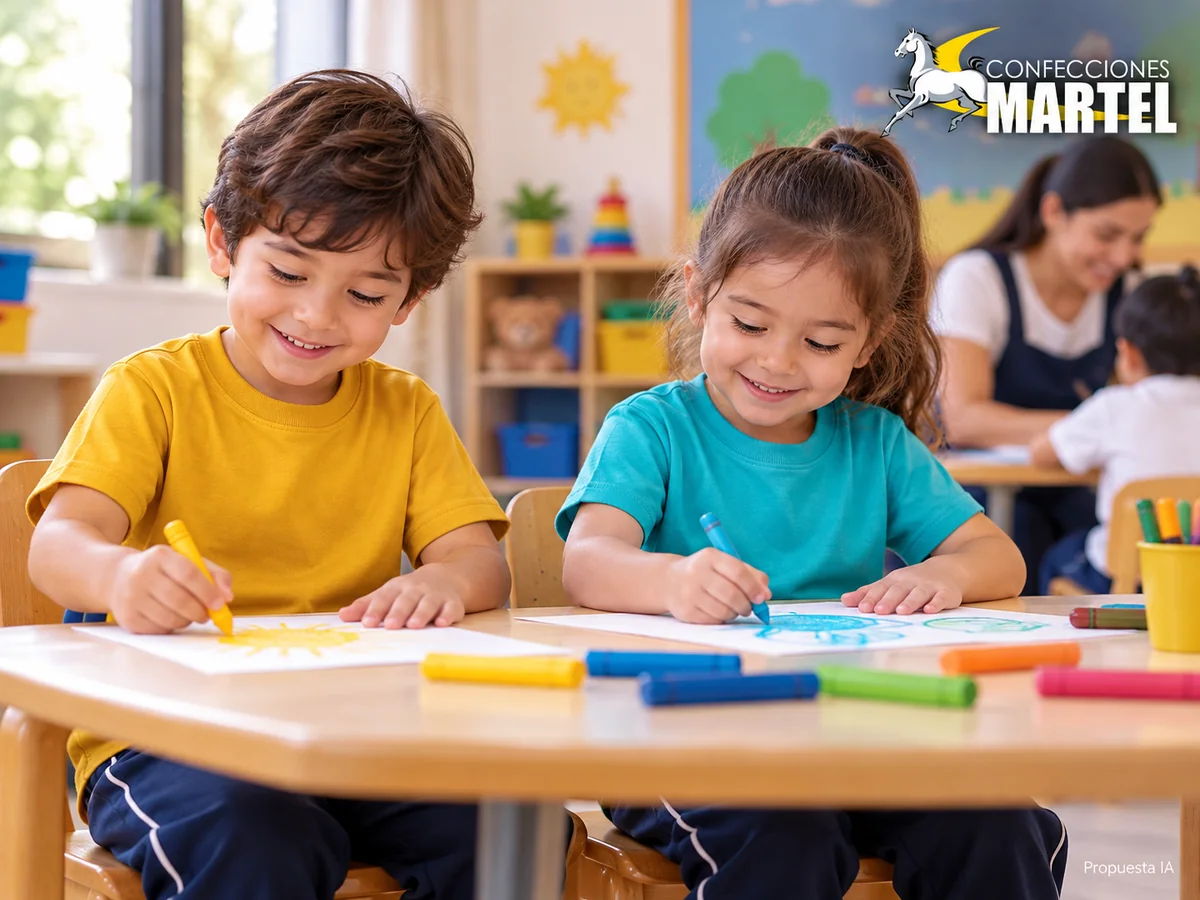 Propuesta de trabajo Martel: Niños ficticios dibujan con crayones usando polos mostaza y turquesa, con supervisión adulta al fondo.