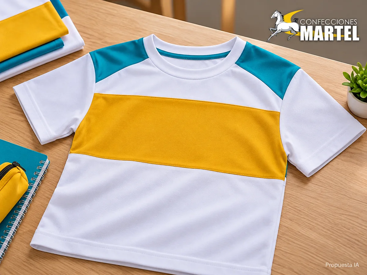 Propuesta de trabajo Martel: Polo blanco con hombros turquesa y panel mostaza sin texto, extendido sobre mesa.
