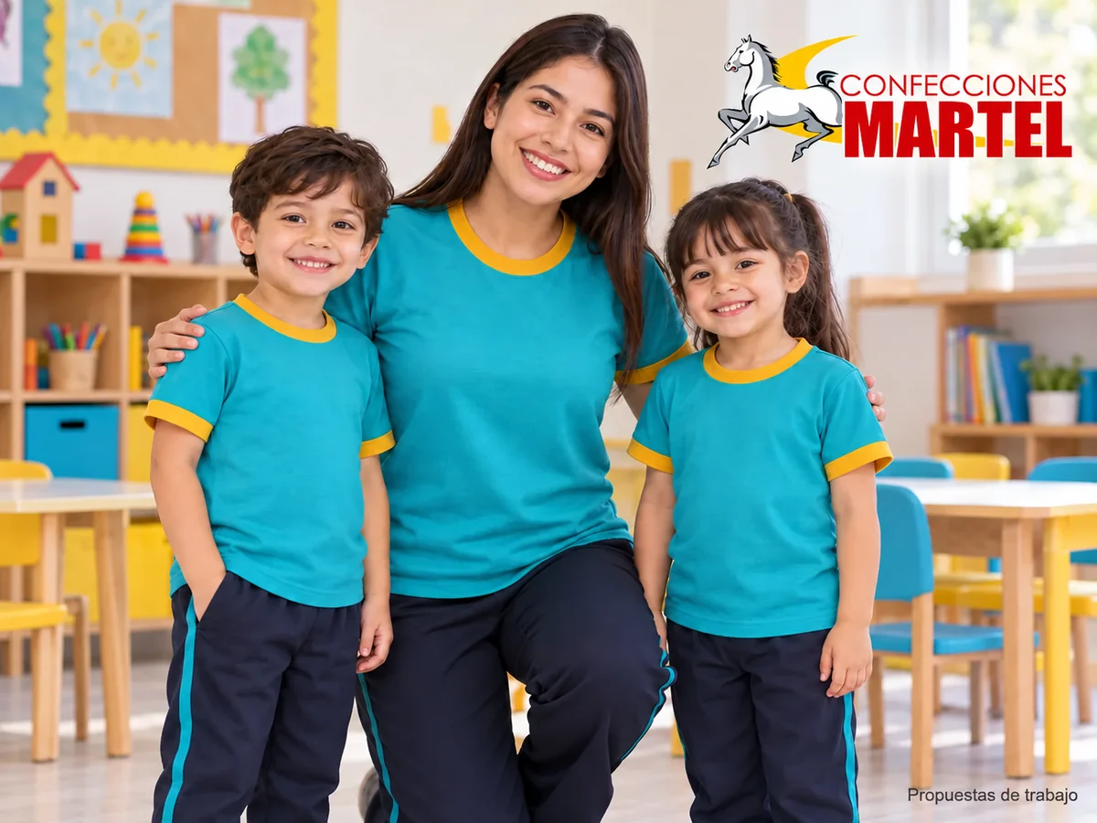 Propuesta de trabajo Martel: Docente y niños ficticios muestran polos turquesa con ribetes mostaza en tallas distintas.