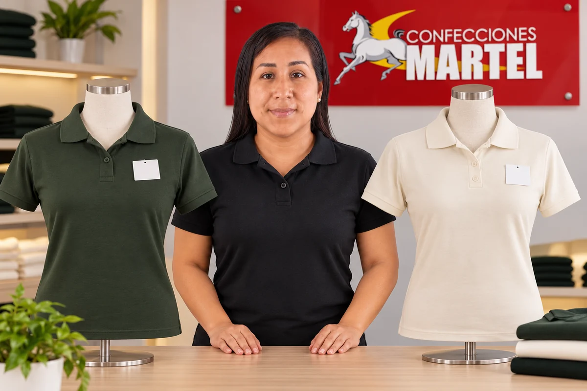 Polos verde bosque y marfil con tarjetas vacías sobre maniquíes