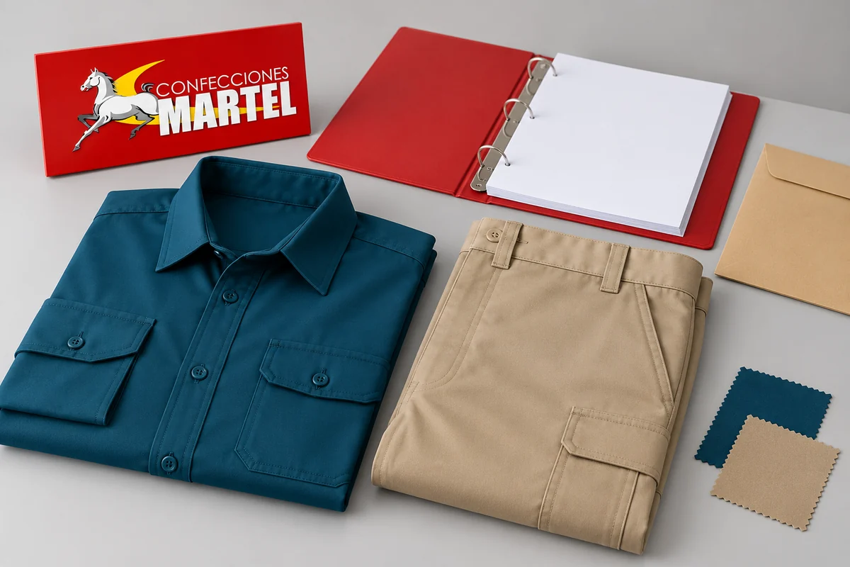 Camisa petróleo y pantalón beige doblados con carpeta en blanco, sobre y retales