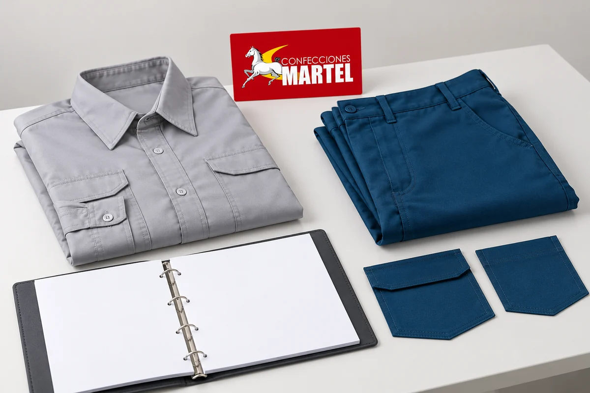Camisa gris y pantalón azul petróleo doblados junto a carpeta en blanco y muestras de bolsillo