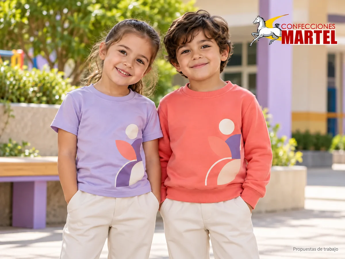 Propuesta de trabajo Martel: Dos niños ficticios con polo lila y polera coral sin capucha, gráficas abstractas y pantalones marfil.