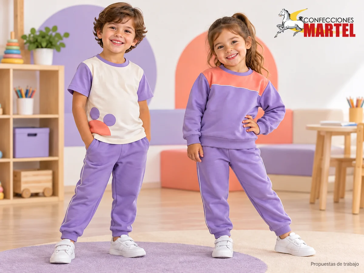 Propuesta de trabajo Martel: Niños ficticios muestran un polo marfil de mangas lilas y una polera lila de canesú coral.