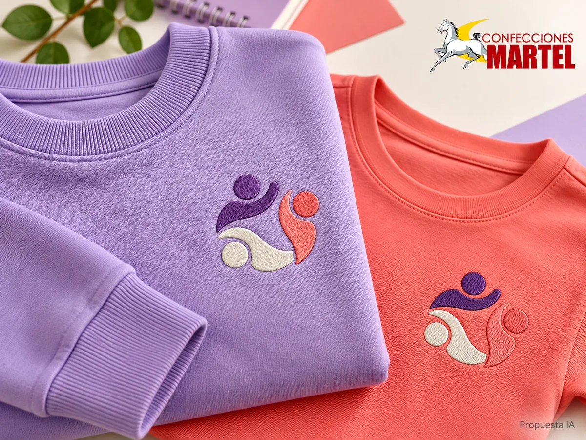 Propuesta de trabajo Martel: Detalle de motivos abstractos bordados sobre polera lila y polo coral, sin nombres ni años.