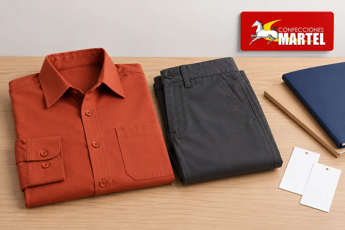 Camisa terracota y pantalón grafito doblados junto a carpetas y etiquetas sin datos