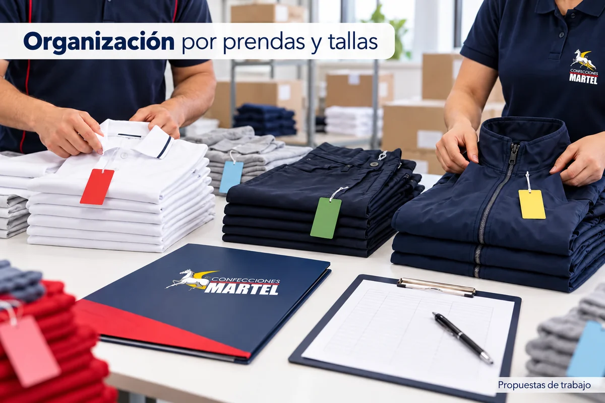 Prendas escolares agrupadas para organizar un pedido mayorista.
