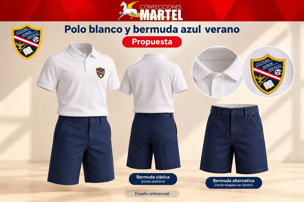 Propuesta Martel: polo blanco y bermuda azul verano para referencia América del Callao en Bellavista