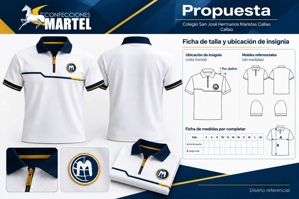 Propuesta Martel: ficha de talla y ubicación de insignia para referencia San José Hermanos Maristas Callao en Callao