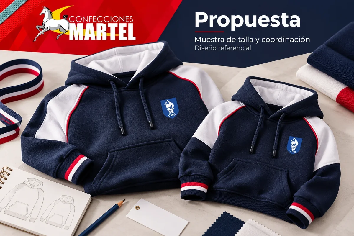 Propuesta creativa de dos poleras con capucha navy, blanco y rojo en tamaños distintos, junto a bocetos y etiquetas vacías para revisión de talla