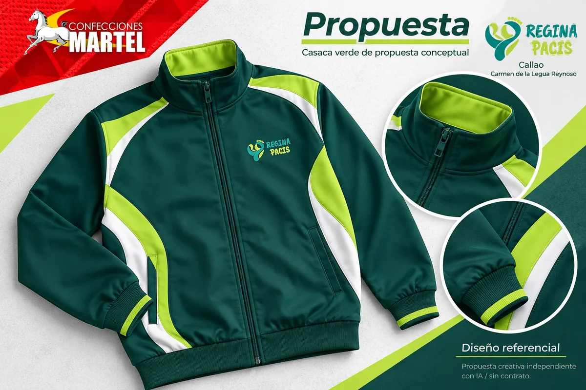 Propuesta Martel: casaca verde de propuesta conceptual para referencia Regina Pacis (Callao) en Carmen de la Legua Reynoso