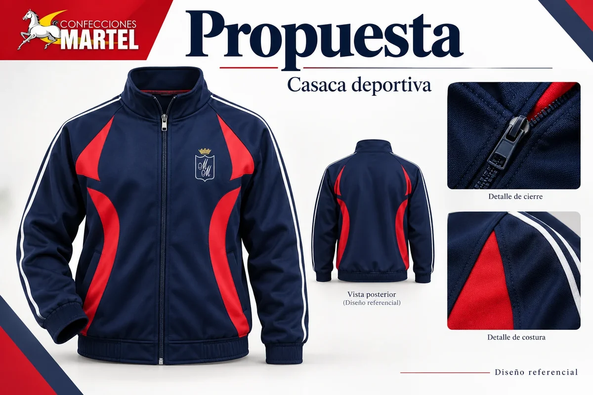 Propuesta de casaca azul marino y roja, vistas frontal y posterior interpretativa, con detalles de cierre y costura