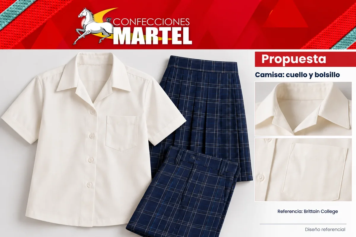 Propuesta de camisa crema con bolsillo liso y cuello abierto, prendas de cuadros navy y detalles de confección