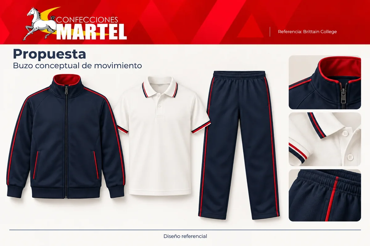 Propuesta Martel: buzo conceptual de movimiento con referencia Brittain College en Chaclacayo