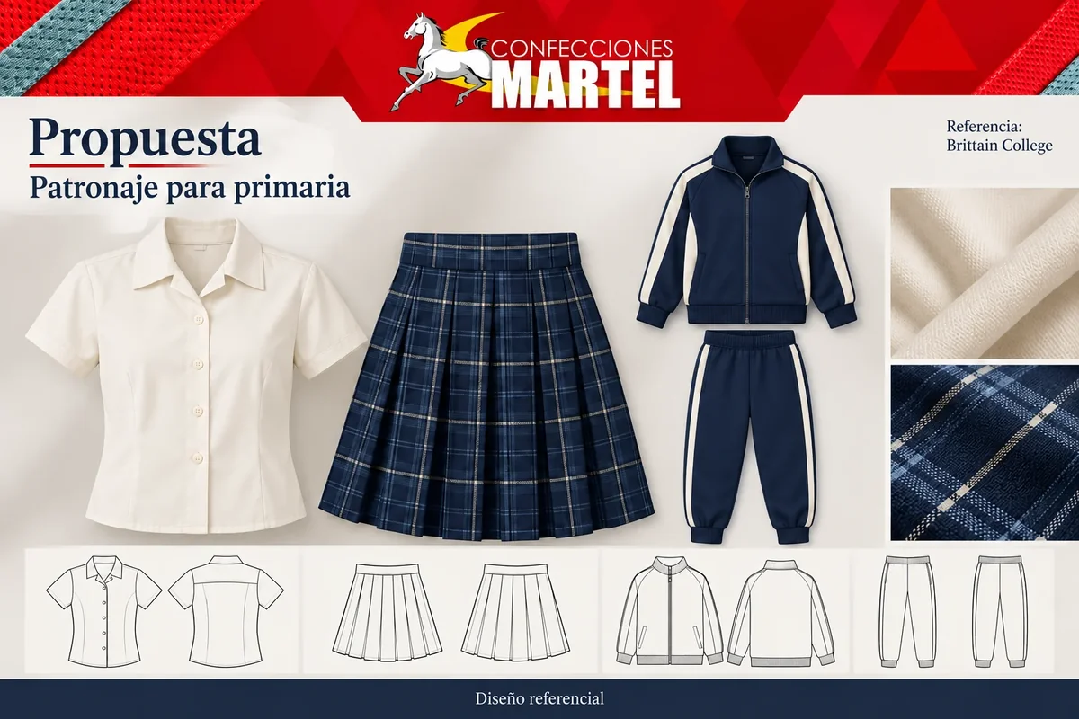 Propuesta conceptual de camisa crema, falda de cuadros navy y alternativa deportiva, con bocetos técnicos sin medidas