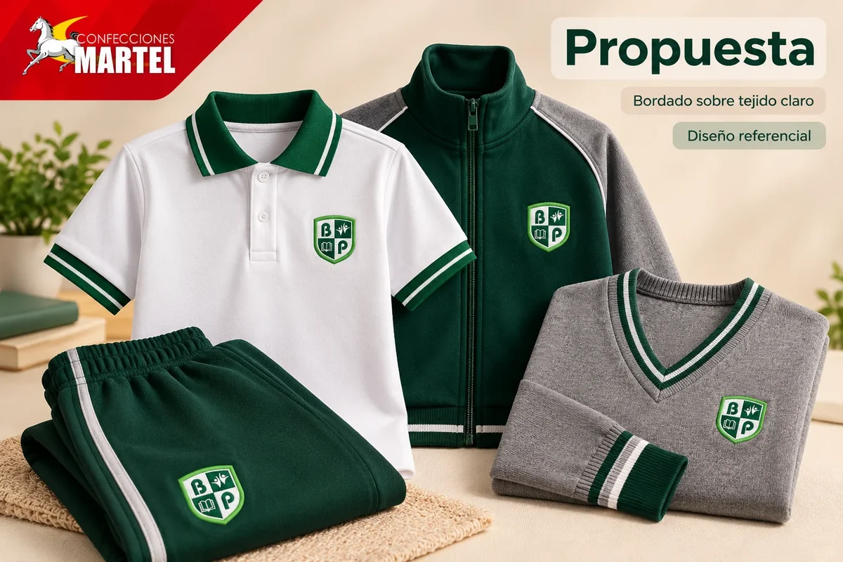 Propuesta de aplicación del escudo BP sobre polo blanco, casaca verde, chompa gris y pantalón verde, prendas creativas para evaluación