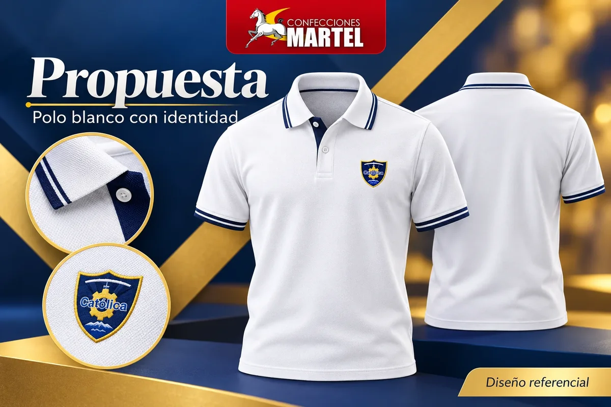 Propuesta Martel: polo blanco con identidad con referencia Colegio Católica — sede Independencia en Independencia