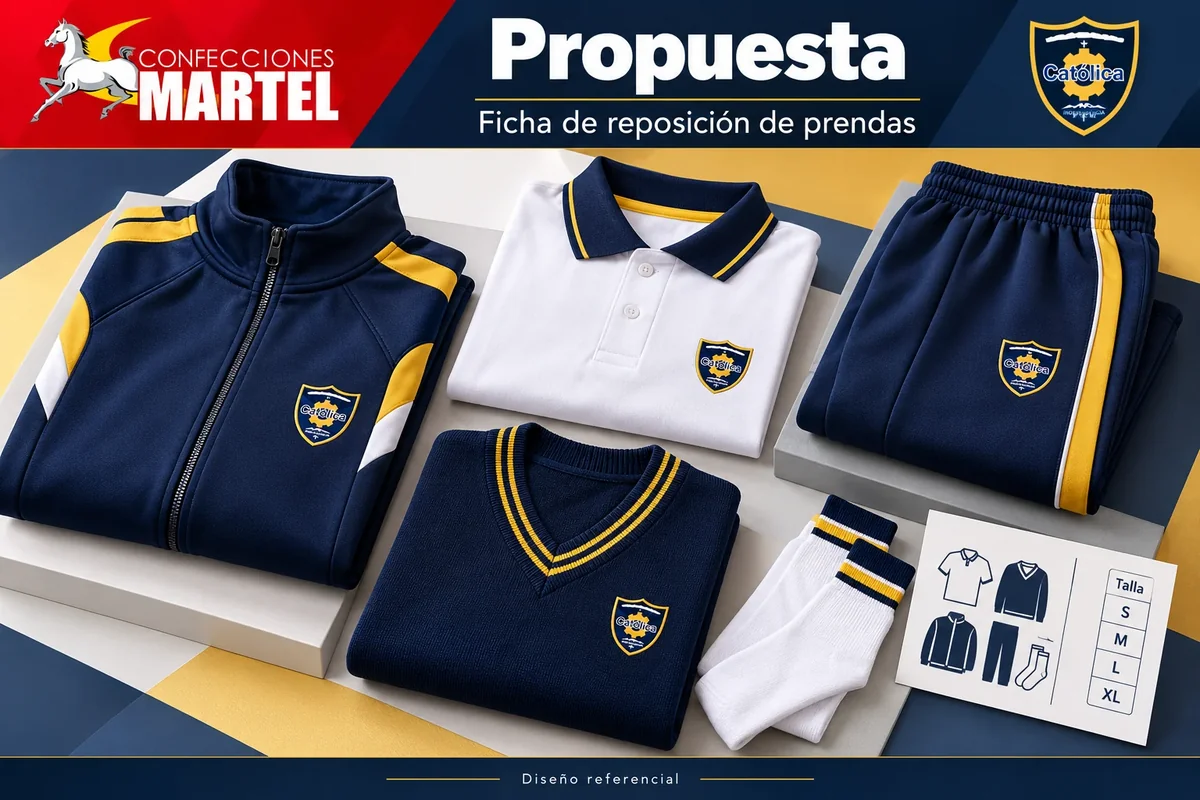 Propuesta creativa de casaca, polo, pantalón, chompa y medias en navy, blanco y dorado junto a ficha ilustrativa de tallas, con referencia Colegio Católica