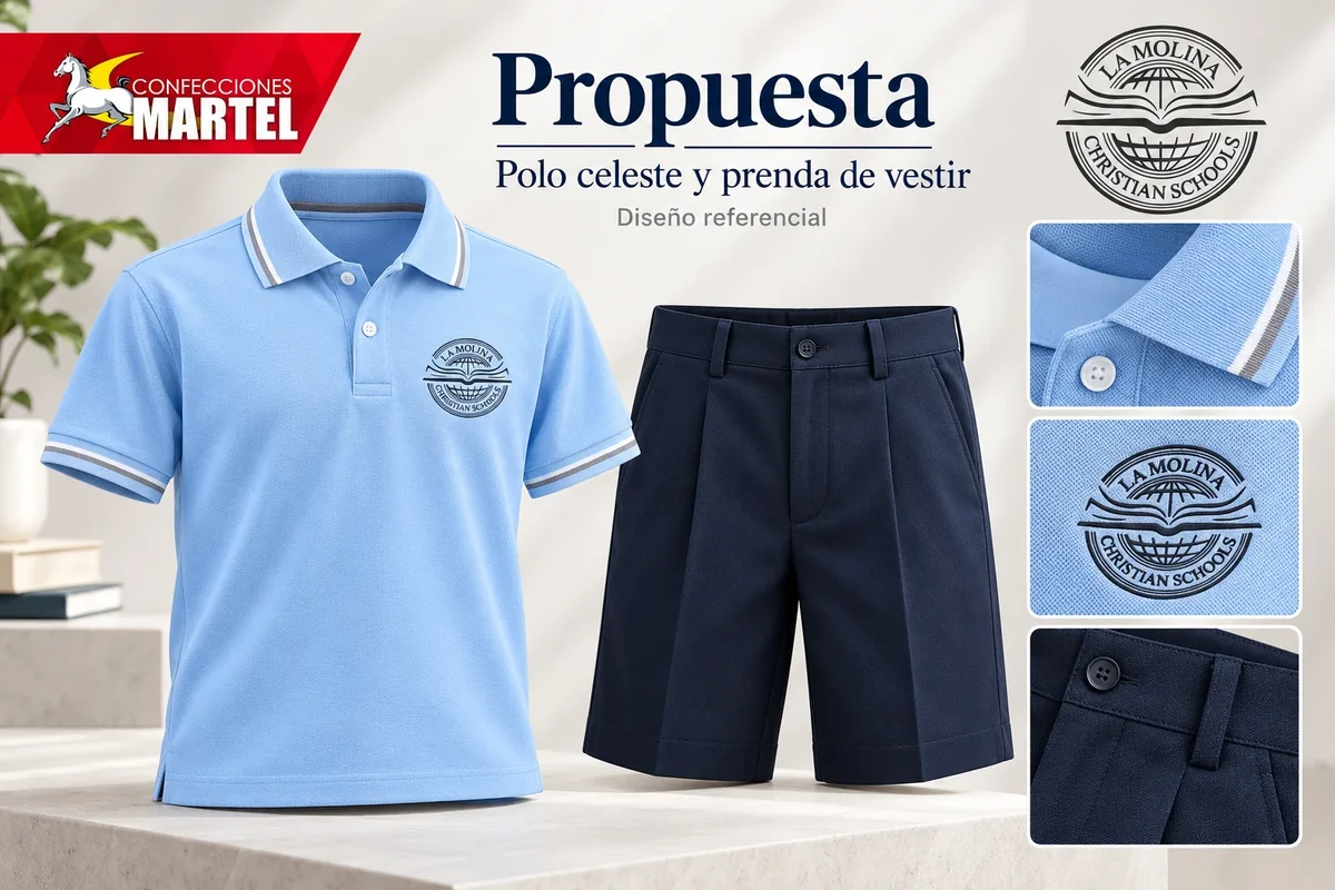 Propuesta Martel: polo celeste y prenda de vestir con referencia La Molina Christian Schools en La Molina