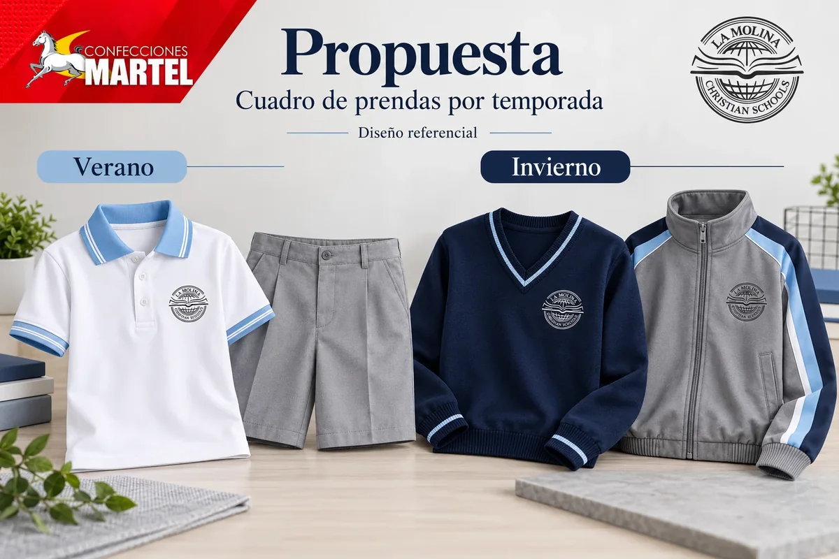 Propuesta creativa por temporada con polo blanco, bermuda gris, chompa navy y casaca gris con celeste, referencia La Molina Christian Schools; no uniforme actual verificado
