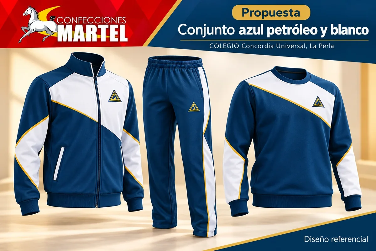 Propuesta Martel de casaca, pantalón y polera azul petróleo con paneles blancos y ribetes dorados para Concordia Universal, La Perla.