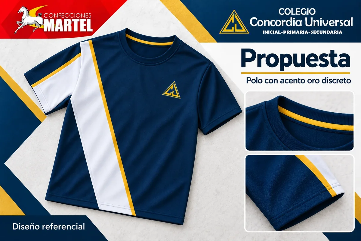 Polo de manga corta azul petróleo con panel blanco diagonal y acentos dorados, propuesta Martel para Concordia Universal.