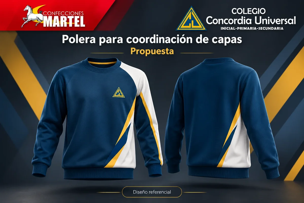 Polera de manga larga mostrada de frente y espalda, con paneles laterales blancos y dorados, propuesta para Concordia Universal.