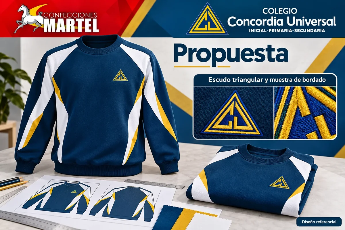 Muestra conceptual de bordado triangular sobre polera azul petróleo, con detalle de puntadas y bocetos, propuesta Martel para Concordia Universal.