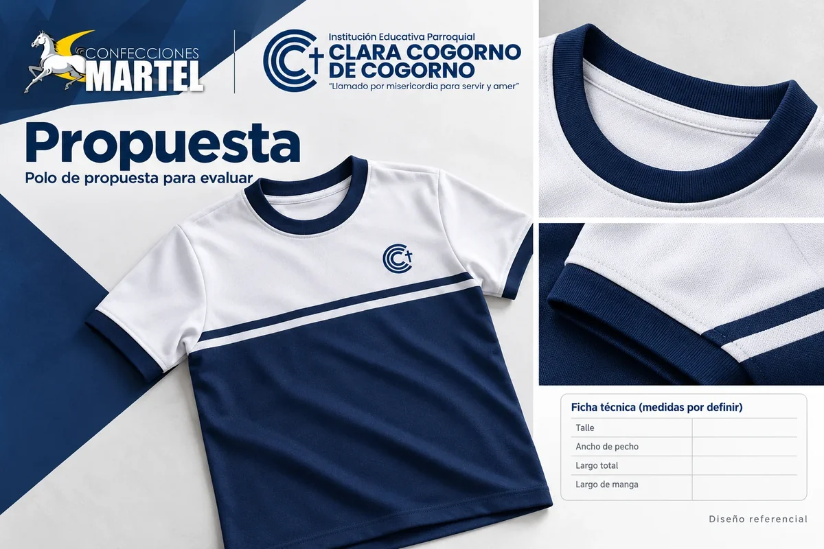 Polo de manga corta blanco y azul oscuro con franjas horizontales y acercamientos al cuello y costura, propuesta para Clara Cogorno de Cogorno.