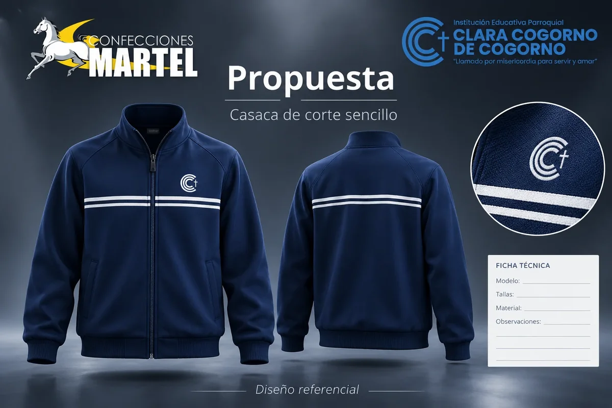 Casaca azul oscuro con doble franja blanca, vista de frente y espalda y detalle del emblema, propuesta para Clara Cogorno de Cogorno.