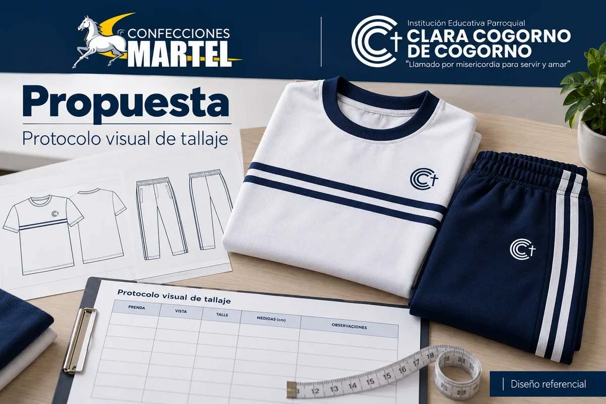 Mesa conceptual de tallaje con polo y pantalón doblados, bocetos y ficha de medidas vacía, propuesta para Clara Cogorno de Cogorno.