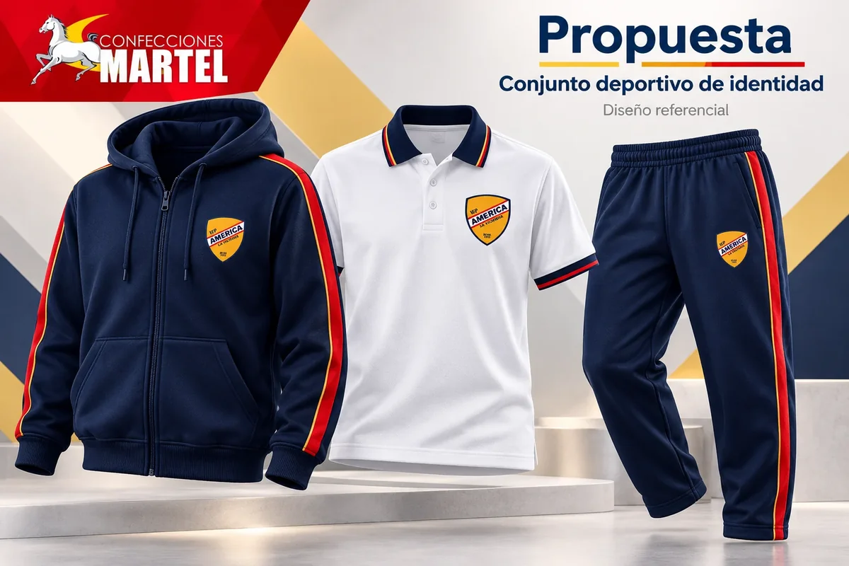 Propuesta de conjunto deportivo con casaca navy con capucha, polo blanco y pantalón navy con franjas rojas y doradas, referencia Colegio América La Victoria