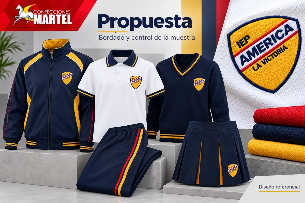 Propuesta de aplicación del escudo América La Victoria en casaca, polo, chompa, pantalón y falda creativos, junto a macro de bordado y muestras navy, rojo y dorado