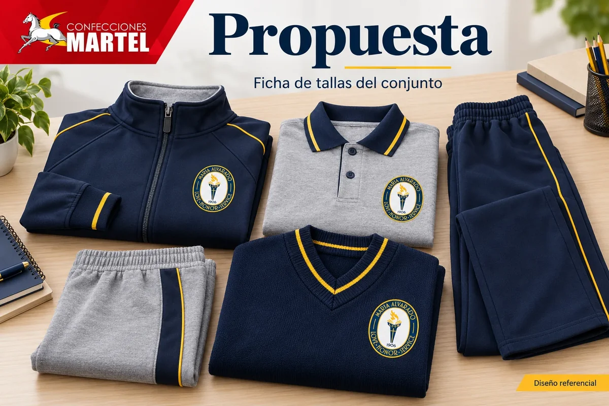Propuesta Martel de casaca, polo, chompa y pantalones doblados en azul marino y gris con detalles amarillos para evaluar un conjunto; no uniforme oficial confirmado