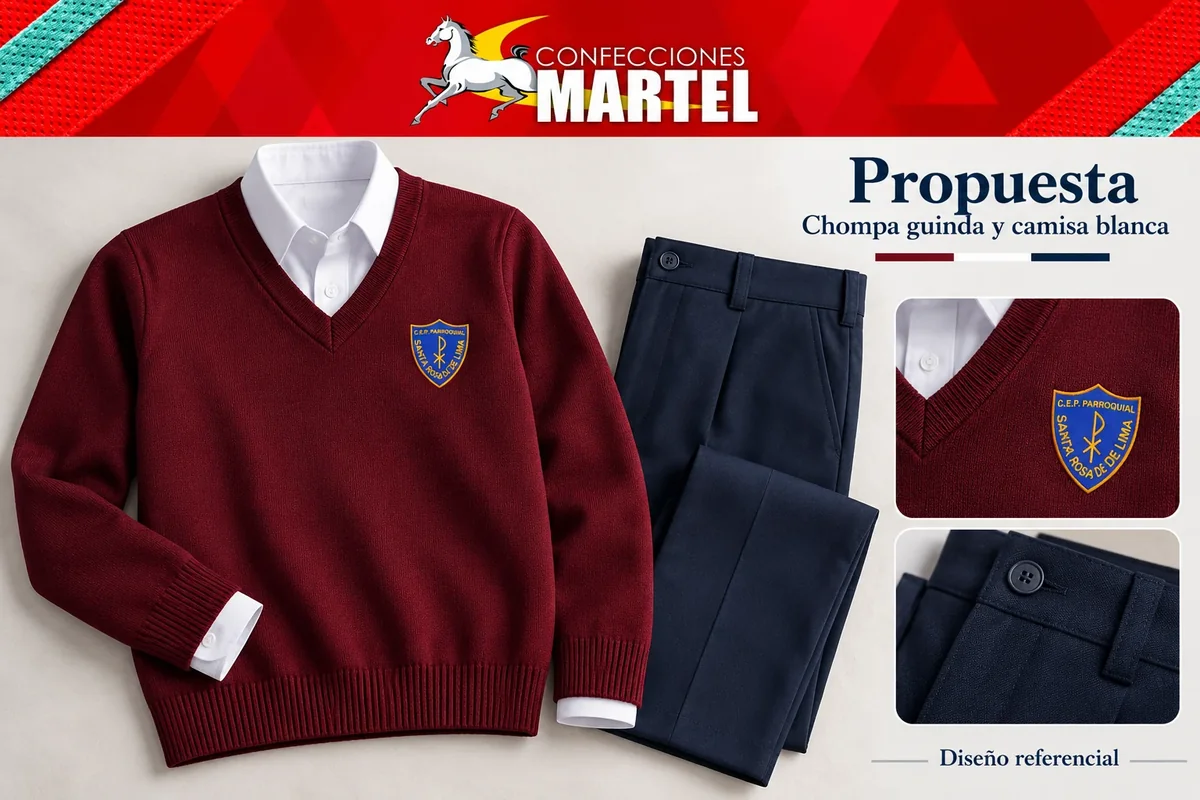 Propuesta Martel: chompa guinda y camisa blanca con referencia Colegio Parroquial Santa Rosa de Lima — Lince en Lince