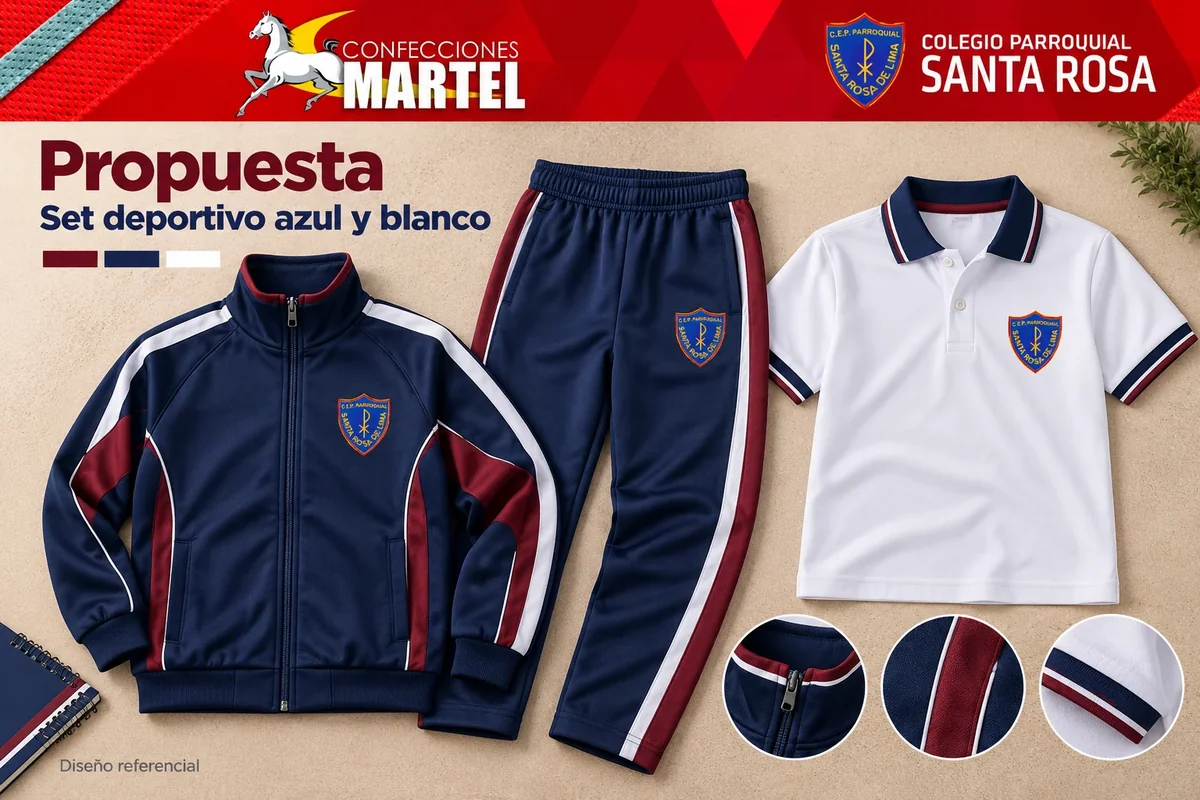 Propuesta Martel: set deportivo azul y blanco con referencia Colegio Parroquial Santa Rosa de Lima — Lince en Lince