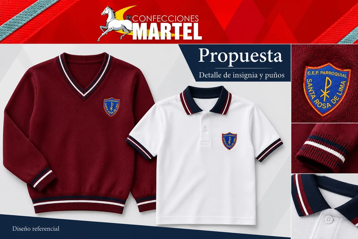 Propuesta Martel: detalle de insignia y puños con referencia Colegio Parroquial Santa Rosa de Lima — Lince en Lince