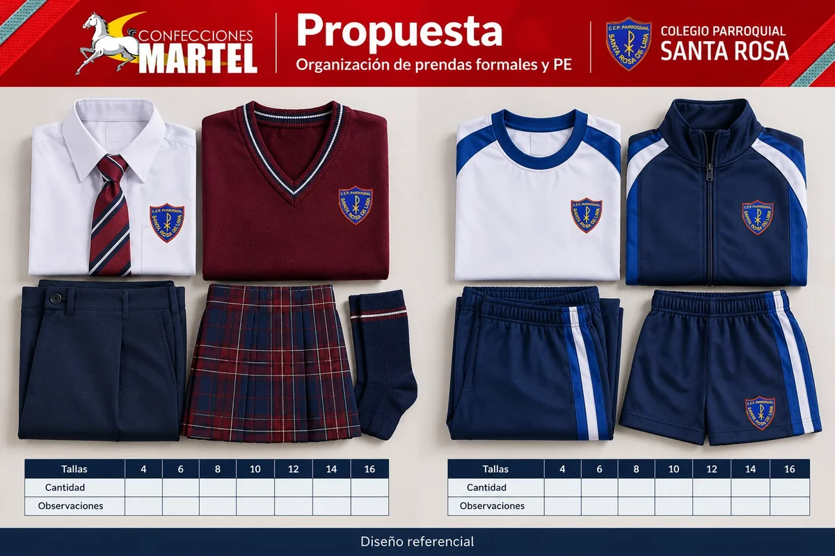 Propuesta de prendas formales y deportivas dobladas en guinda, azul y blanco, con tablas vacías de cantidades; falda a cuadros y complementos son variantes creativas