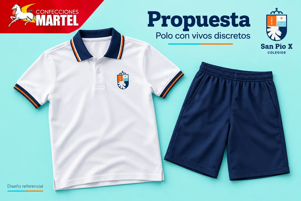 Propuesta Martel: polo con vivos discretos con referencia San Pío X — sede Los Olivos en Los Olivos