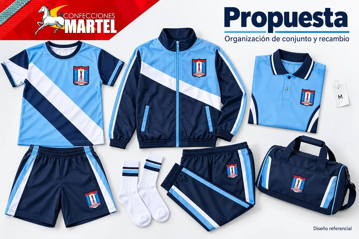 Propuesta de camisetas, casaca, shorts, medias y bolso deportivos en celeste, azul oscuro y blanco con identificación Rosenthal