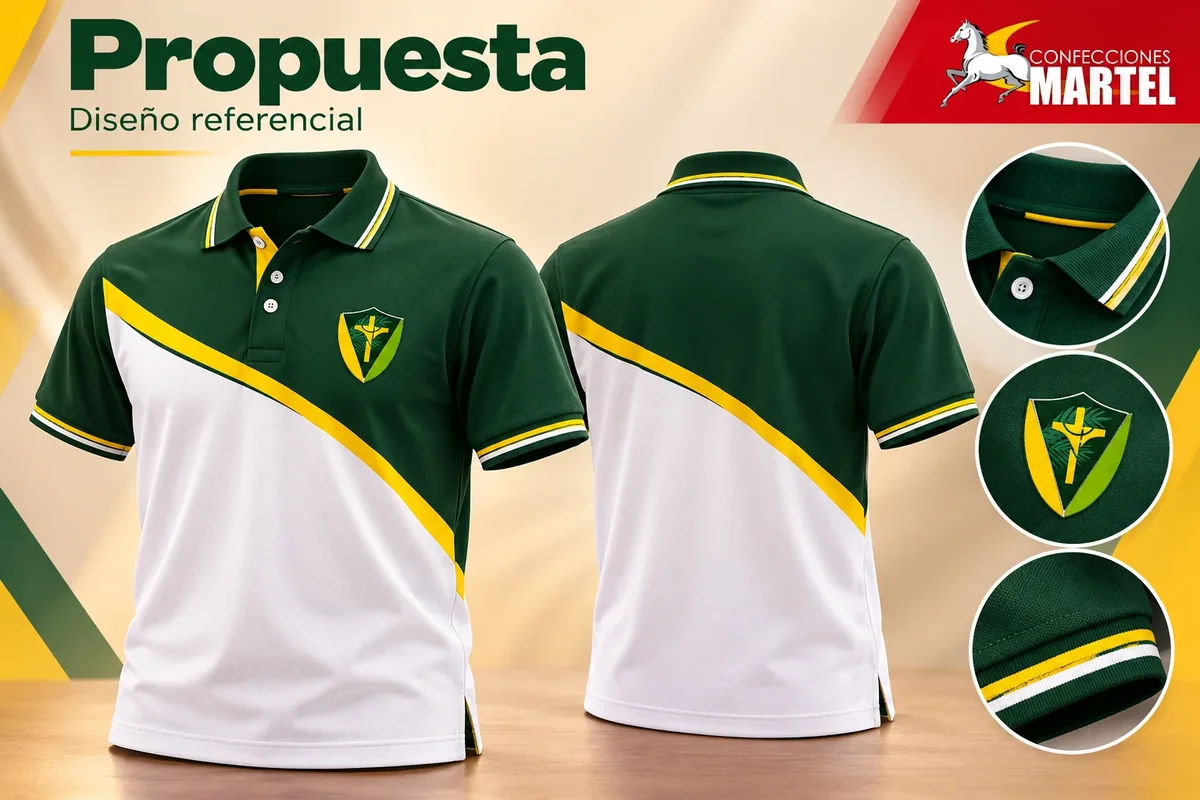 Polo verde y blanco con diagonal amarilla, vistas frontal y posterior y detalles del cuello y escudo ELIM; propuesta independiente para Mi Perú.