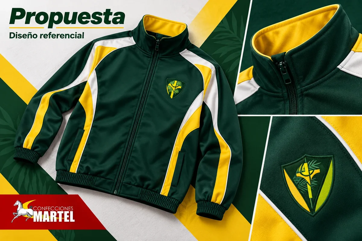 Casaca verde con paneles blancos y amarillos, detalle de cuello y escudo ELIM; diseño referencial para Mi Perú.